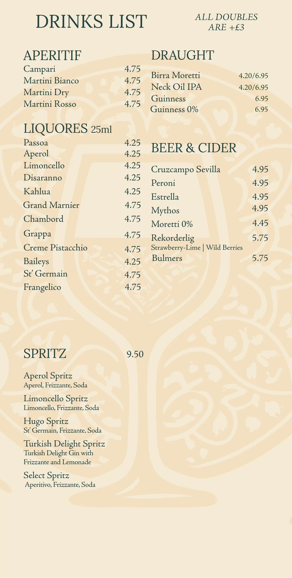 Vino Cicchetti drinks menu: aperitifs, liqueurs, spritz, draught beer and cider