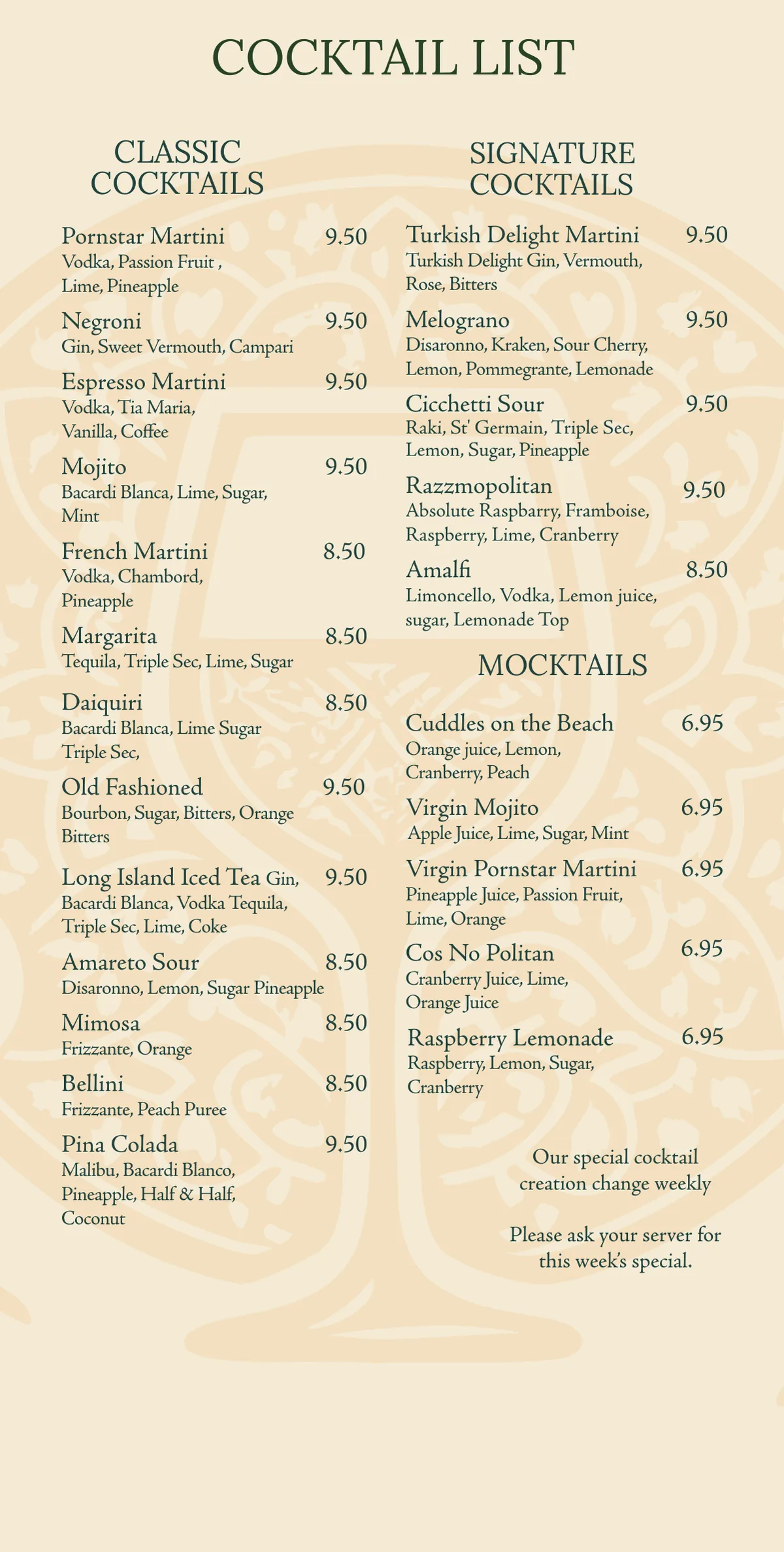 Vino Cicchetti cocktail list: classic and signature cocktails and mocktails