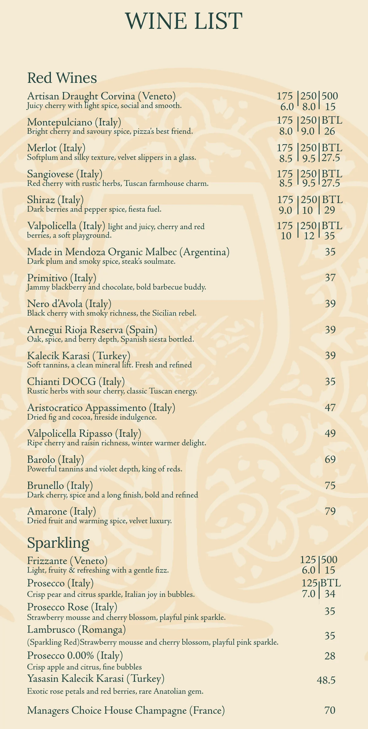 Vino Cicchetti wine list: red and sparkling wines