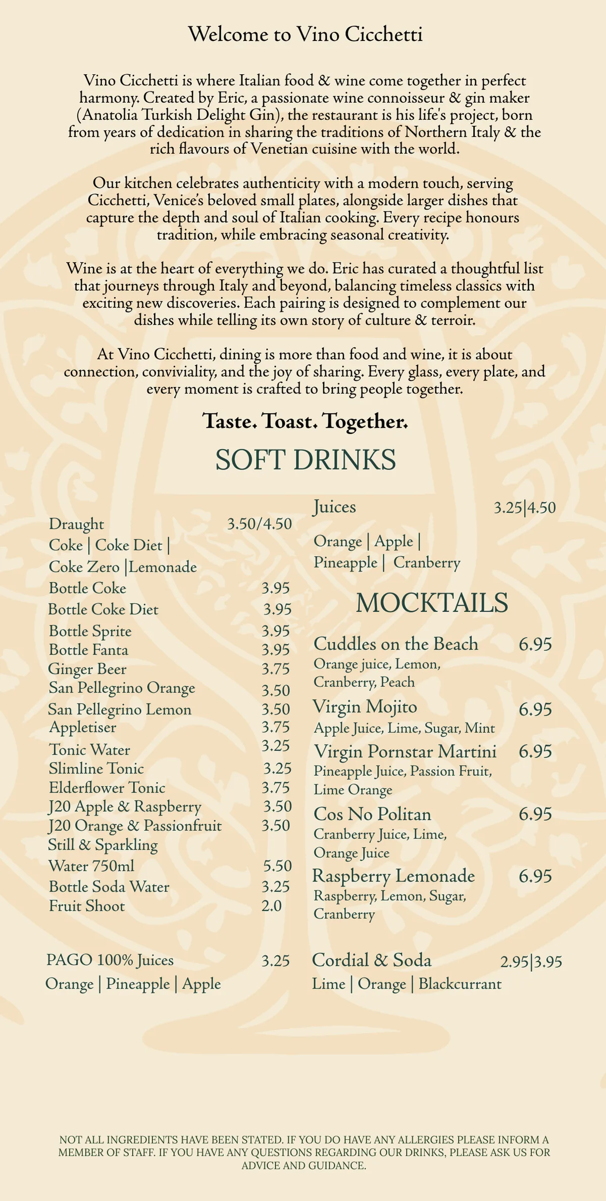 Vino Cicchetti drinks menu: soft drinks and mocktails