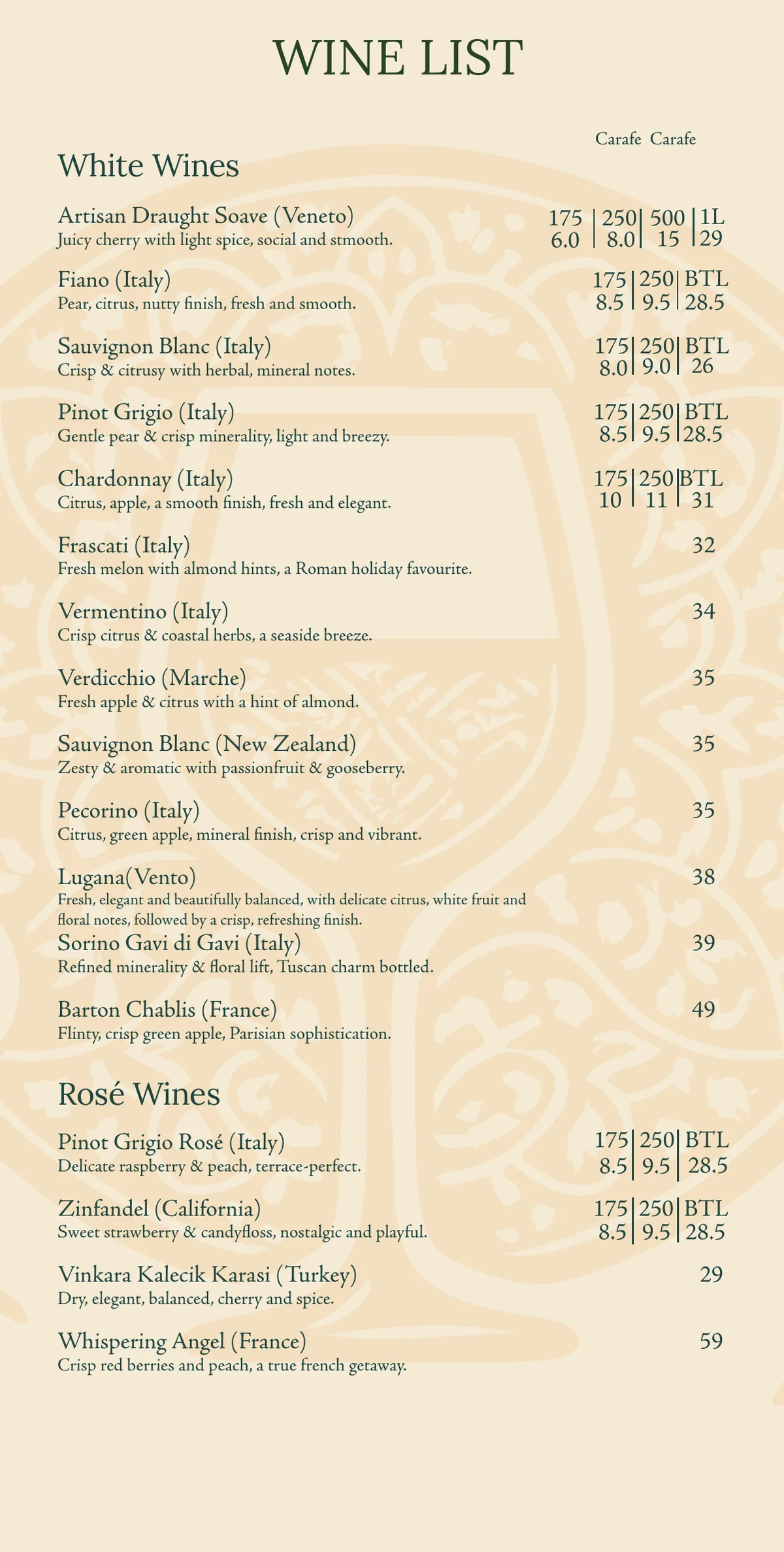 Vino Cicchetti wine list: white and rosé wines