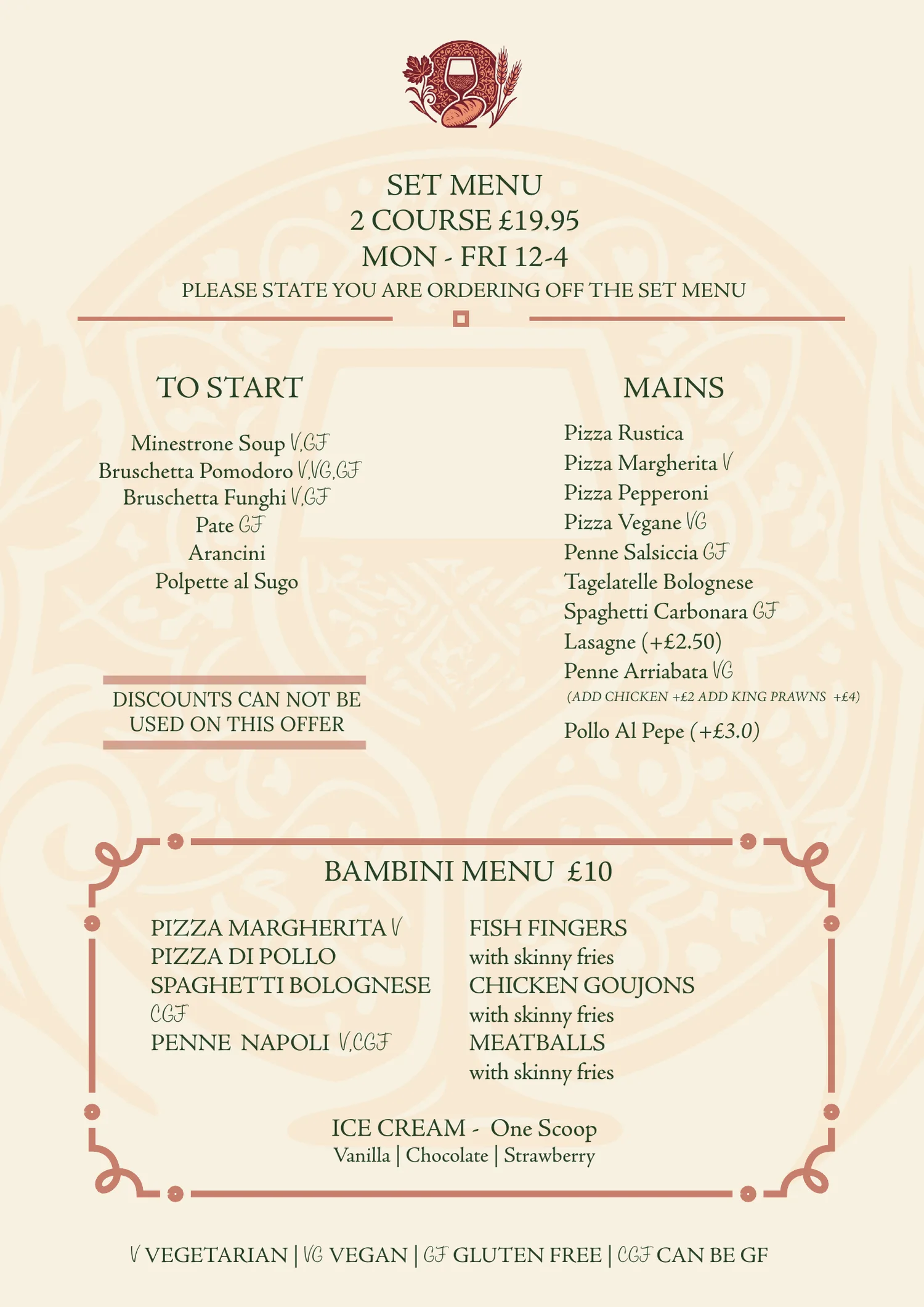 Vino Cicchetti set menu, 2 courses £19.95 Monday to Friday 12-4pm, and bambini menu